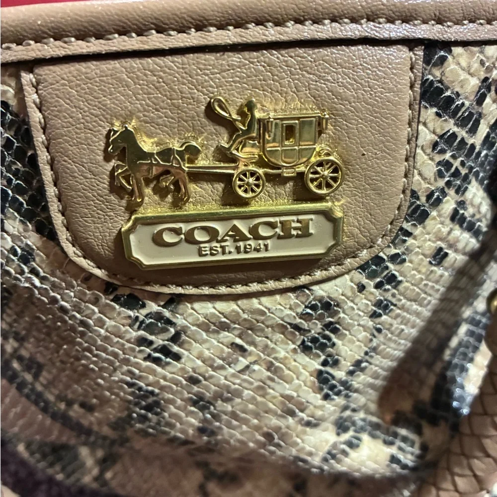 Coach Snake Print Leather Beige & Brown  Shoulder Bag w Detachable Strap